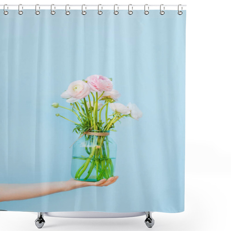 Personality  Flowers To Gift. Beautiful Ranunculus In Female Hands. Spring Time And Inspiration Shower Curtains