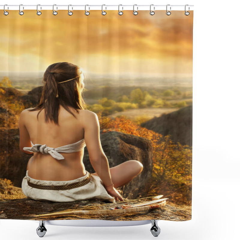 Personality  Primitive Woman Sitting On A Rock At The Sunset. Amazon Woman Shower Curtains