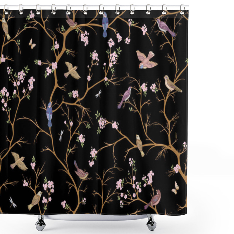 Personality  Cherry Blossom Branches Against The Sky With Sparrow, Finches. Seamless Pattern, Background. Vector Illustration. Chinoiserie, Traditional Oriental Botanical Motif. In Botanical Style Shower Curtains