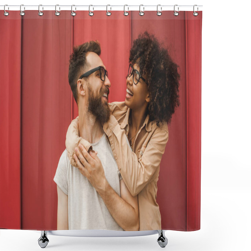 Personality  Happy Young Interracial Couple In Eyeglasses Hugging And Smiling Each Other Shower Curtains