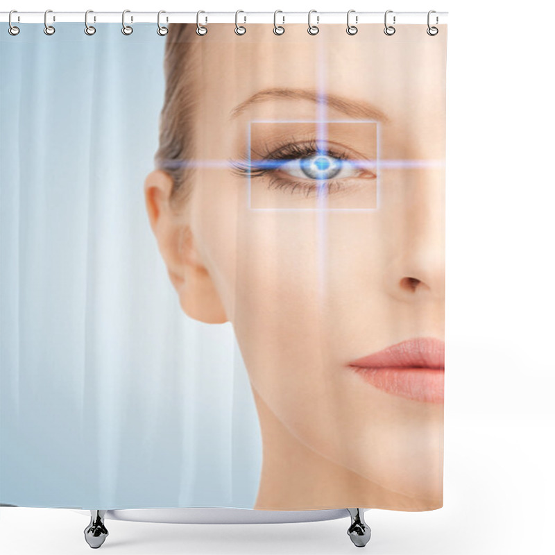 Personality  Beautiful Woman Pointing To Eye Shower Curtains