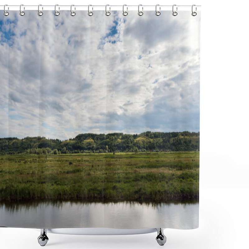 Personality  Scenic View Of Beautiful River In Front Of Green Field Shower Curtains