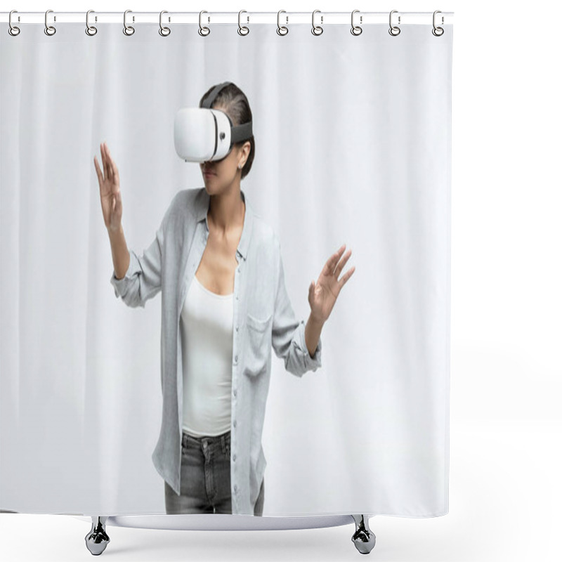 Personality  Woman Using Virtual Reality Headset  Shower Curtains