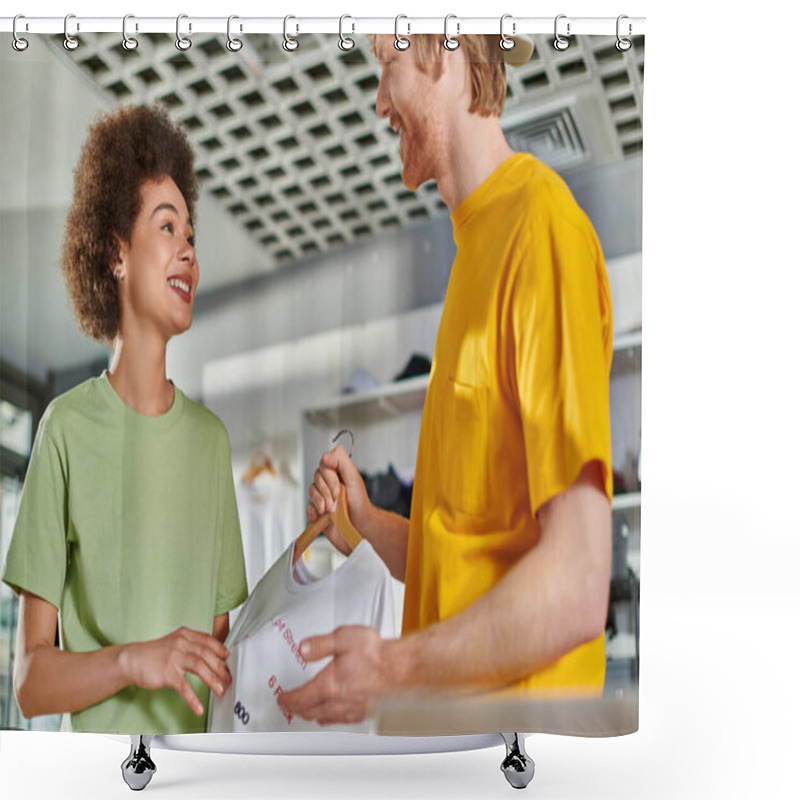 Personality  Smiling Young Multiethnic Designers Talking And Looking At Each Other While Holding T-shirt With Lettering On Hanger And Working In Print Studio, Start-up Innovation Concept Shower Curtains