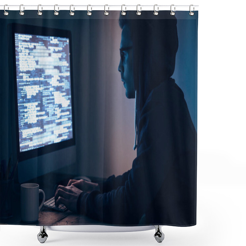 Personality  Man At Computer In Dark Room Shower Curtains