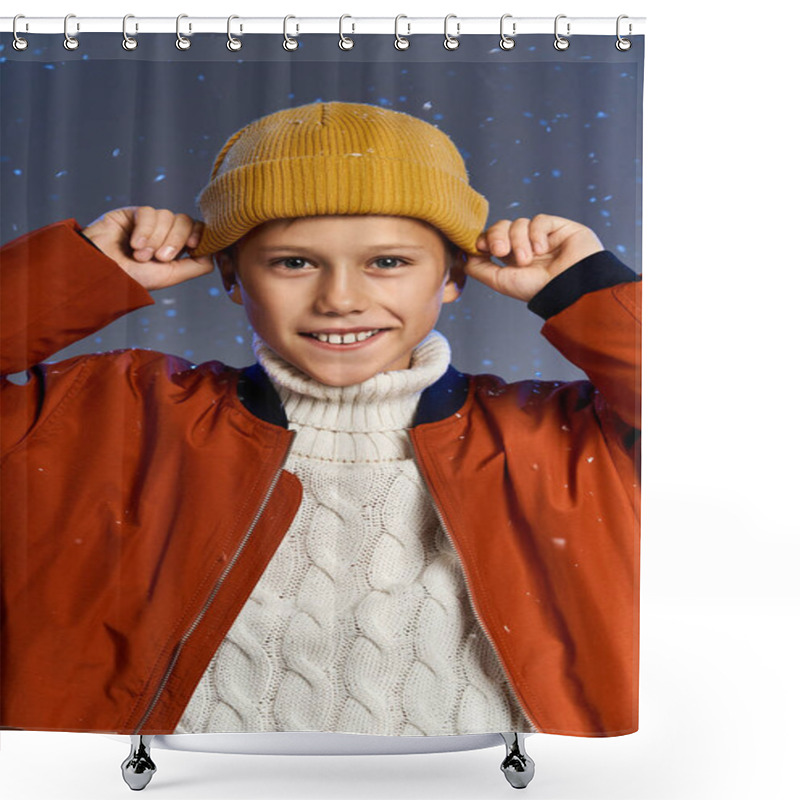 Personality  The Boy Beams With Joy As He Wears A Knitted Sweater And Colorful Beanie In A Snowy Setting. Shower Curtains