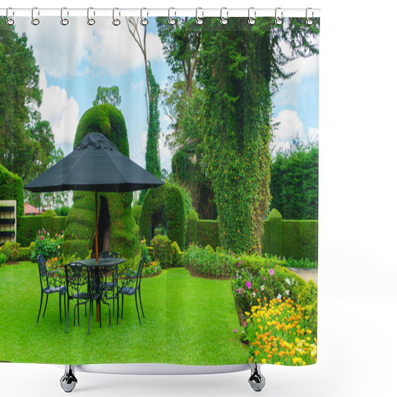 Personality  Table, Chairs And Umbrella Set In The Garden, In The Relax Area. Shower Curtains