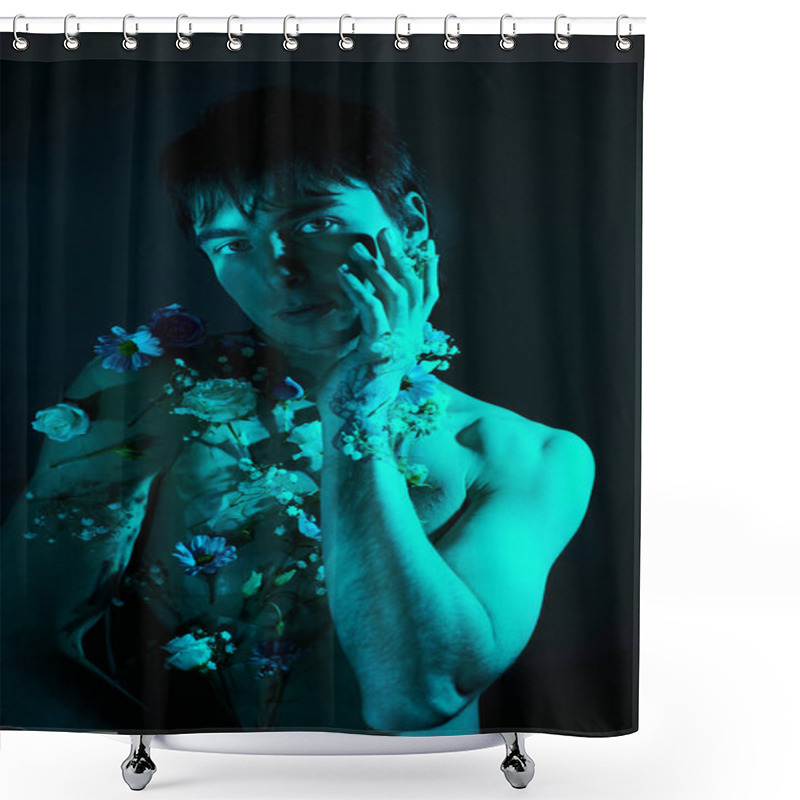 Personality  A Shirtless Young Man In A Studio Setting Surrounded By Flowers, Showcasing A Blend Of Masculinity And Softness. Shower Curtains