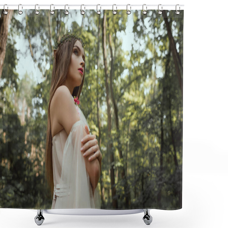 Personality  Elegant Mystic Elf In Dress Standing With Crossed Arms In Forest Shower Curtains