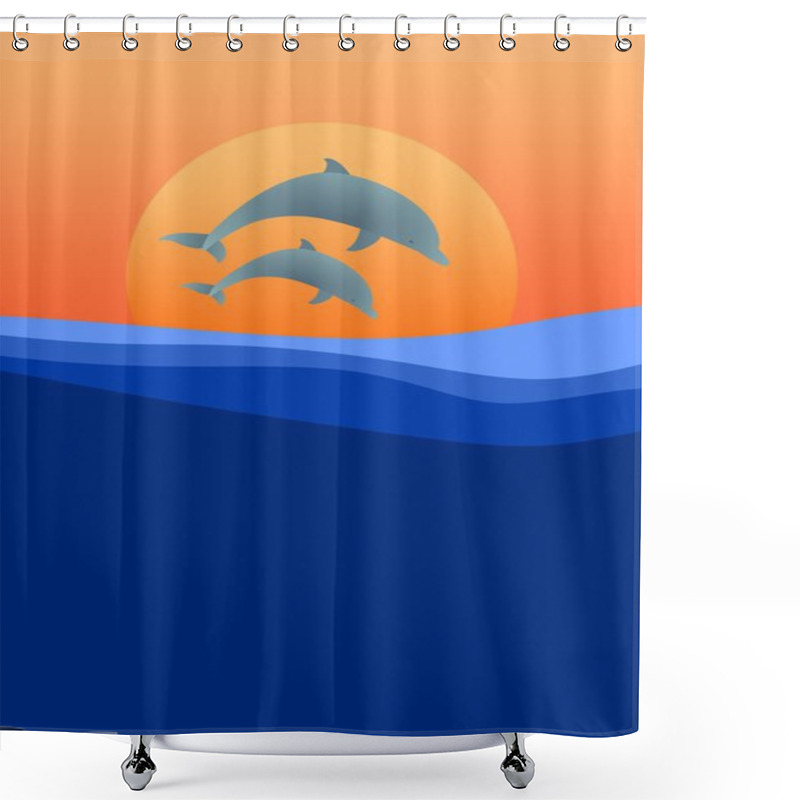 Personality  Two Dolphins Leaping Above The Waves Of Sea Level At Sunset With The Setting Orange Sun In Background And Orange Sky Shower Curtains