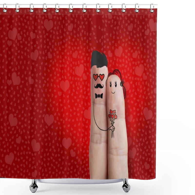 Personality  Finger Art. Hipster Lovers Is Embracing And Holding Red Heart. Stock Image Shower Curtains