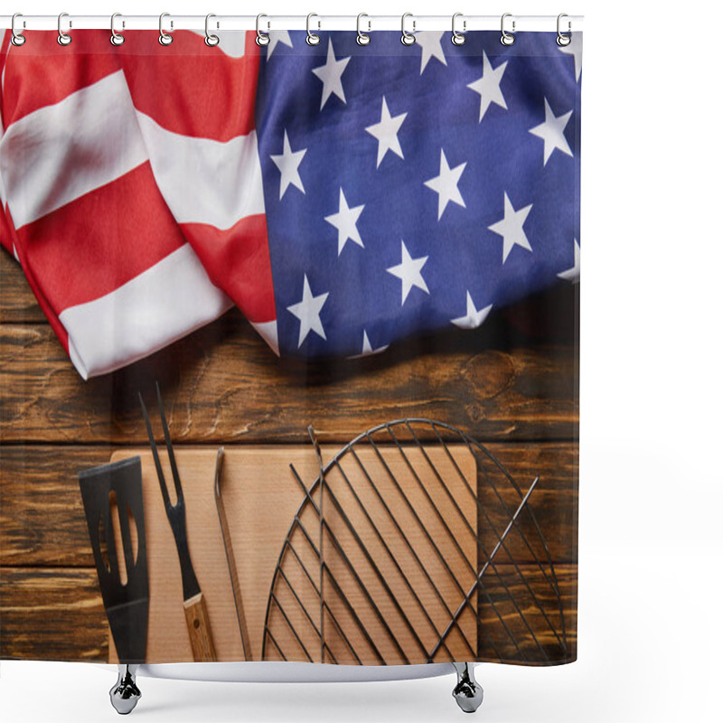 Personality  Top View Of Crumpled American Flag And Bbq Equipment On Wooden Rustic Table Shower Curtains