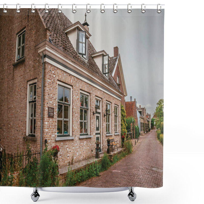 Personality  Charming And Quiet Street With Brick Rustic House In Drimmelen Shower Curtains