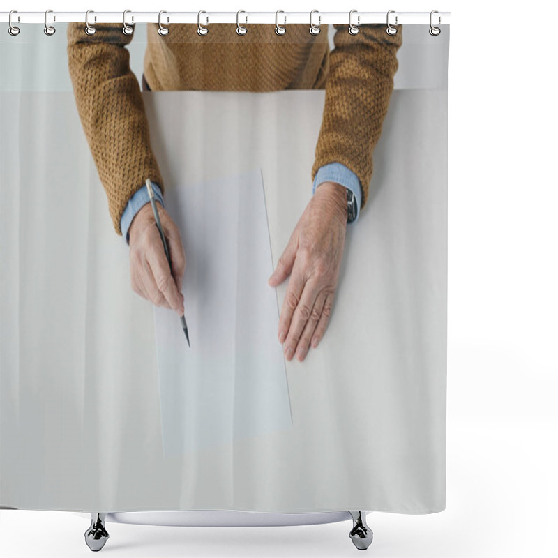 Personality  Close-up View Of Senior Man Writing On Blank Paper Shower Curtains