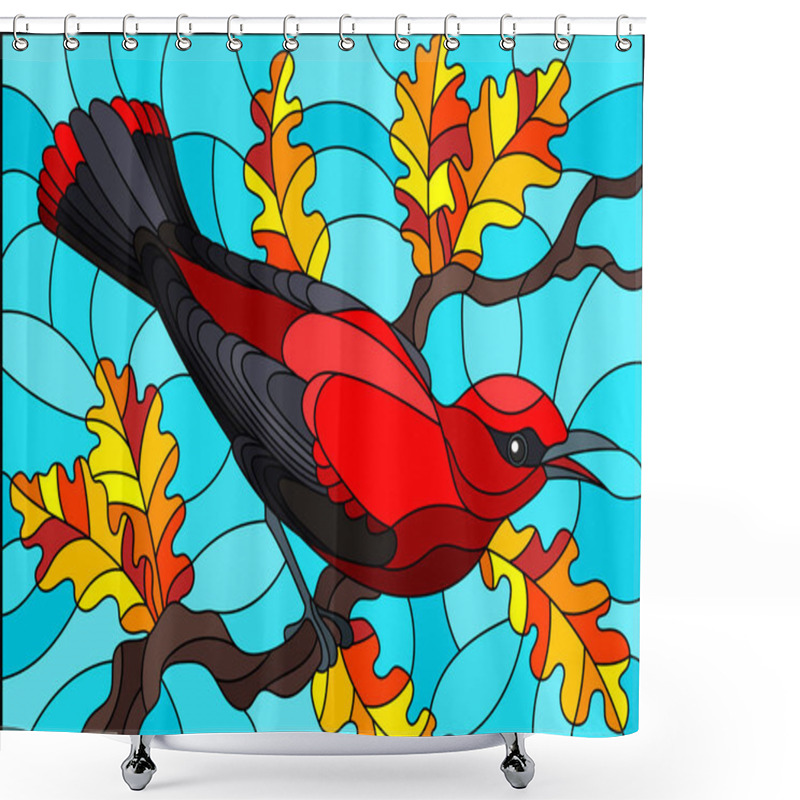 Personality  Illustration In The Style Of Stained Glass With A Beautiful Red Bird  On A  Background Of Autumn Branch Of Tree And Sky Shower Curtains