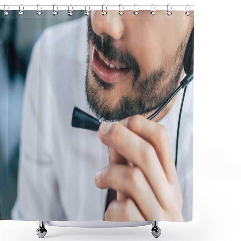 Personality  Partial View Of Call Center Operator Smiling While Using Headset Shower Curtains