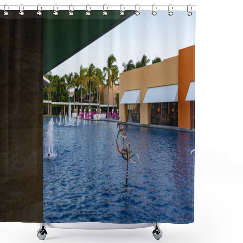 Personality  A Vibrant Resort Pool With Fountains And A Floating Red Boat, Nestled Amidst Lush Surroundings. Shower Curtains