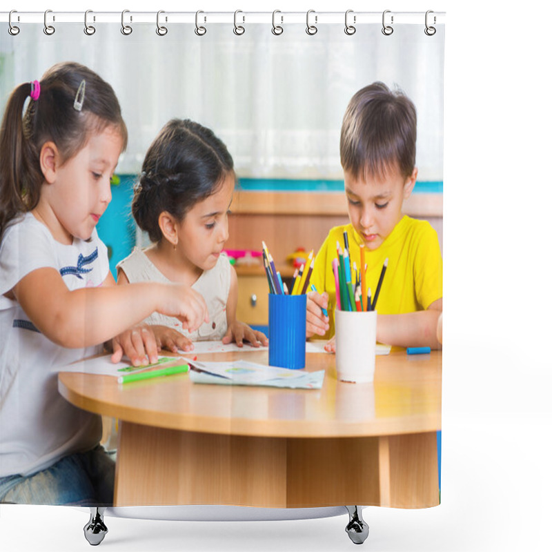 Personality  Group Of Cute Little Prescool Kids Drawing Shower Curtains