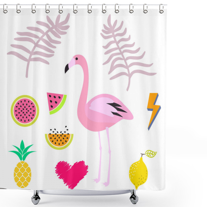 Personality  Summer Pink Flamingo Clipart Icon Set. Vector Illustration. Shower Curtains