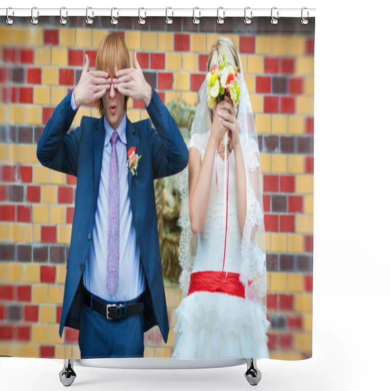 Personality  Bride And Groom Are Standing Near The Patterned Wall Shower Curtains