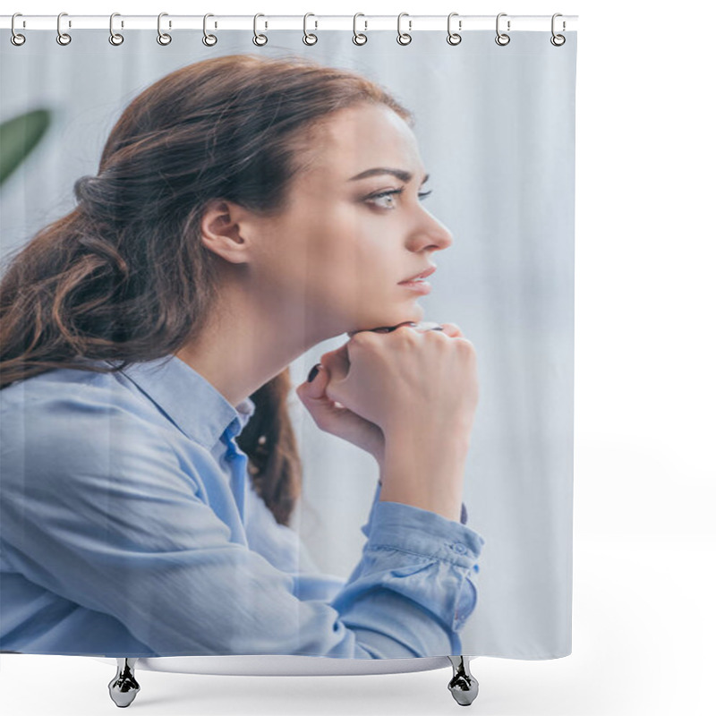 Personality  Sad Woman In Blue Blouse Sitting And Looking Into Distance At Home, Grieving Disorder Concept Shower Curtains