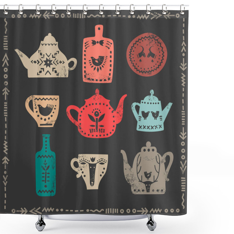 Personality  Vector Set Of Stylish Teapots, Mugs And Bottles With Folk Patterns And Textures On A Black Background. For The Menu Of Tea Cafe, Packing, Posters. Shower Curtains