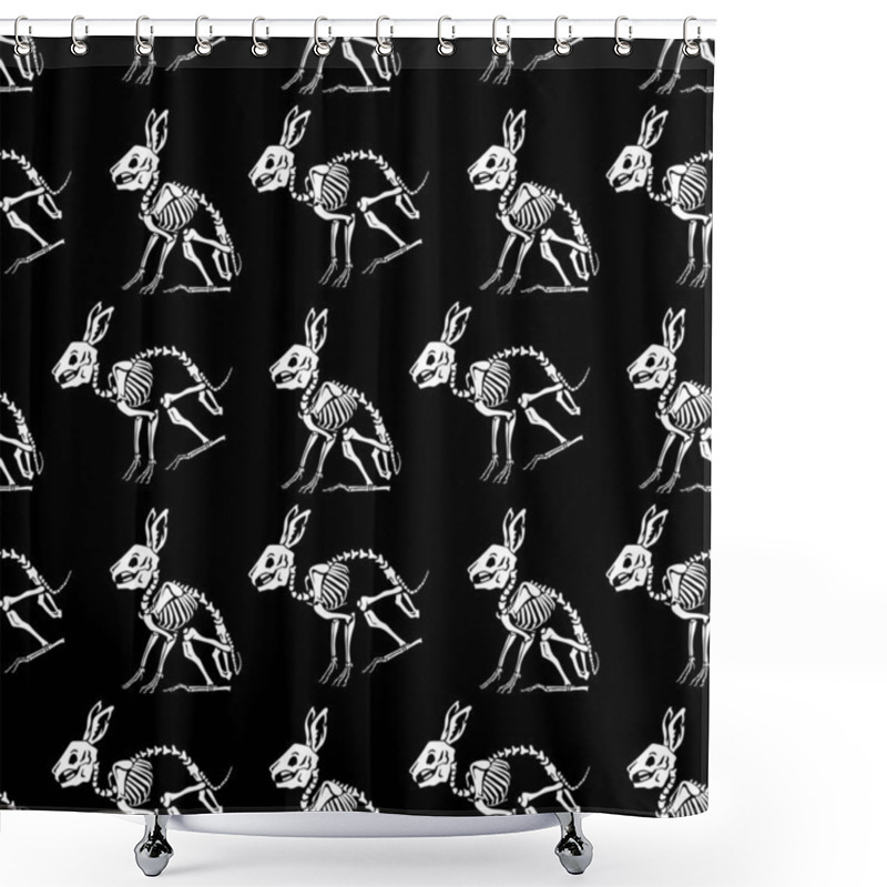 Personality  Seamless Pattern. White Skeletons Of Rabbits On A Black Background. Anatomy Of A Hare. Great For Printing On T-shirts, For Tattoos And More. Ideal For Decoration Of Halloween And The Day Of The Dead. Shower Curtains