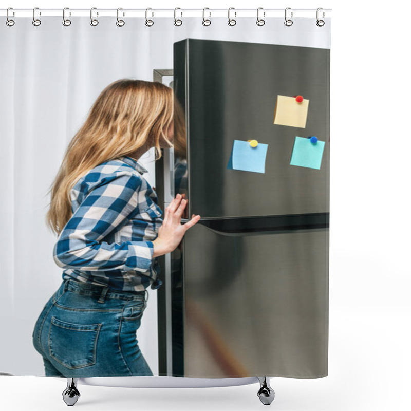 Personality  Woman Looking In Open Fridge With Sticky Notes Isolated On White Shower Curtains