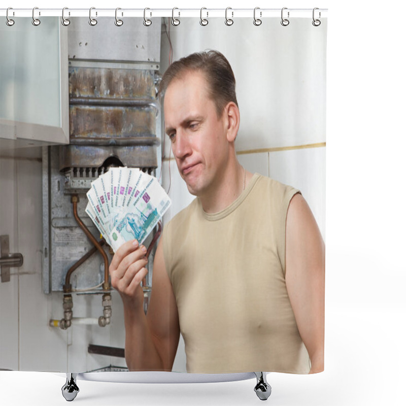 Personality  The Sad Man Counts Money For Repair Of A Gas Water Heater Shower Curtains