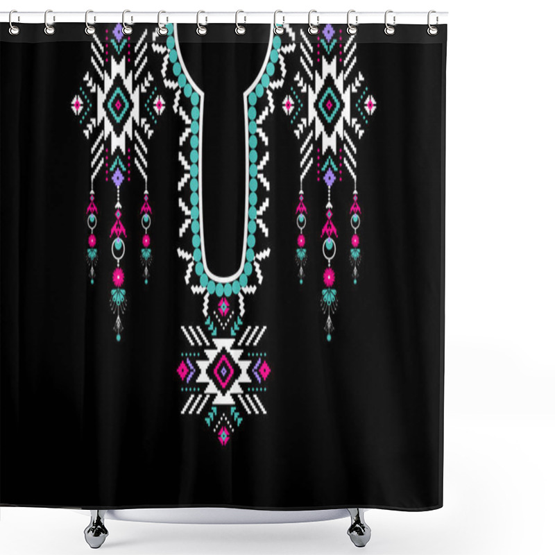 Personality  Beautiful Figure Tribal African Floral Necklace Pattern Traditional On Black Background.Aztec Style Embroidery Abstract Vector Illustration.design For Texture,fabric,clothing,fashion Women Wearing. Shower Curtains