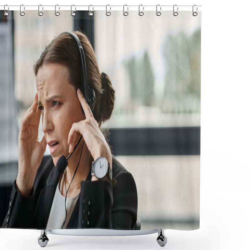 Personality  Middle-aged Woman Holding Head In Distress While Wearing A Headset. Shower Curtains