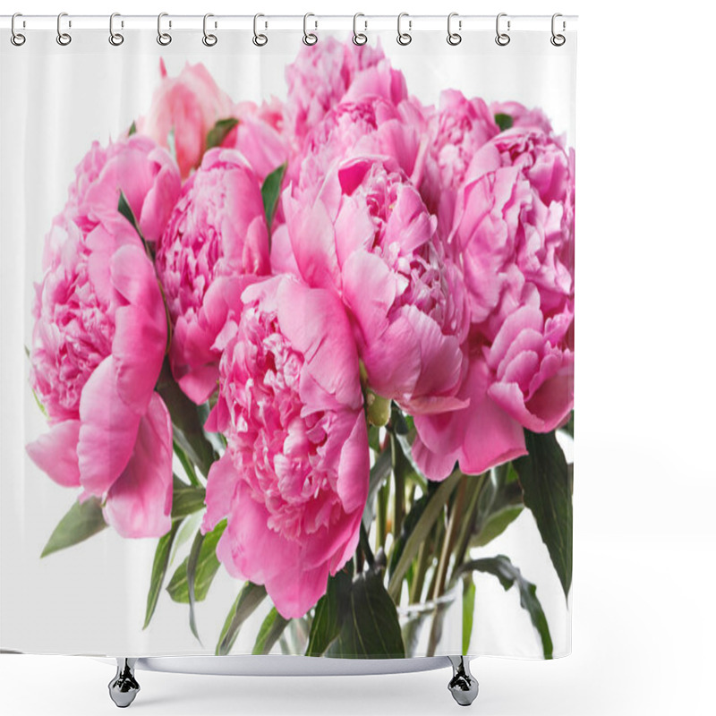 Personality  Fresh Bright Blooming Peonies Flowers On White Background. And Pink Bud Shower Curtains