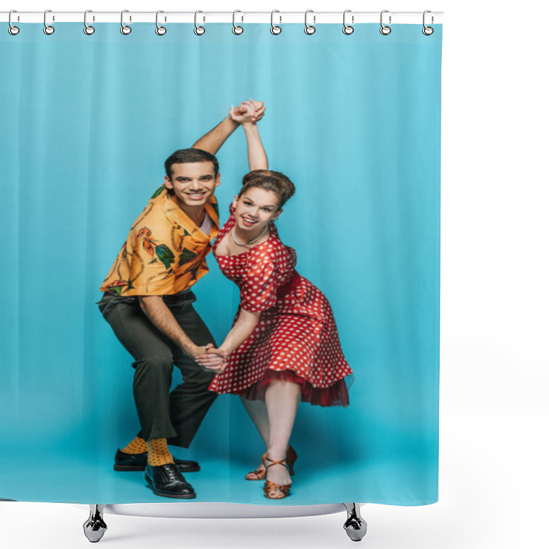 Personality  Elegant Dancers Holding Hands While Dancing Boogie-woogie On Blue Background Shower Curtains