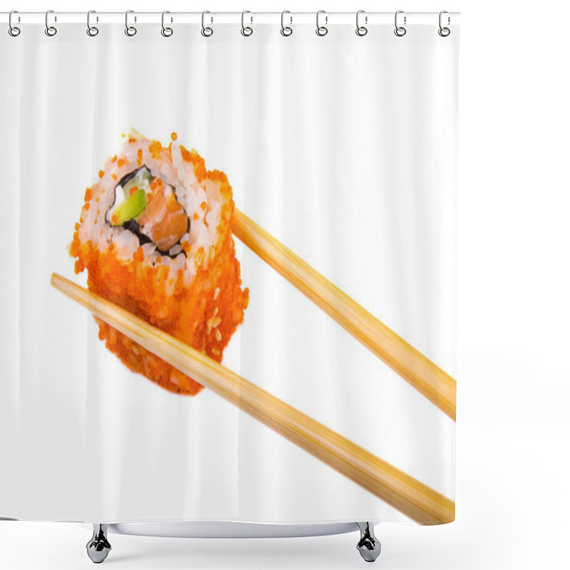 Personality  Sushi With Chopsticks Isolated Over White Background Shower Curtains