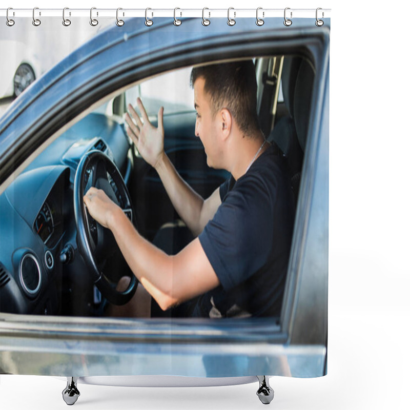 Personality  Side View Of Angry Man In Suit Driving Car And Beeps Shower Curtains