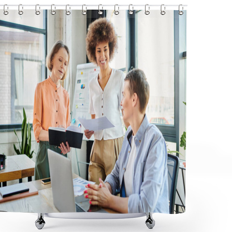 Personality  Diverse Group Of Hardworking Businesswomen Gathered Around A Laptop In A Shared Office Space. Shower Curtains