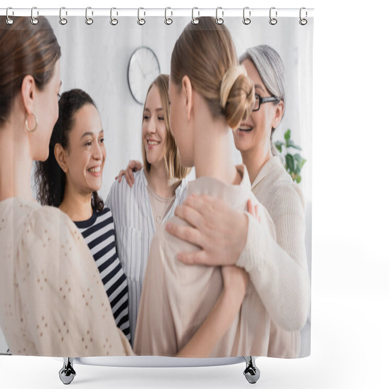 Personality  Happy Multicultural Female Team Hugging During Seminar Shower Curtains