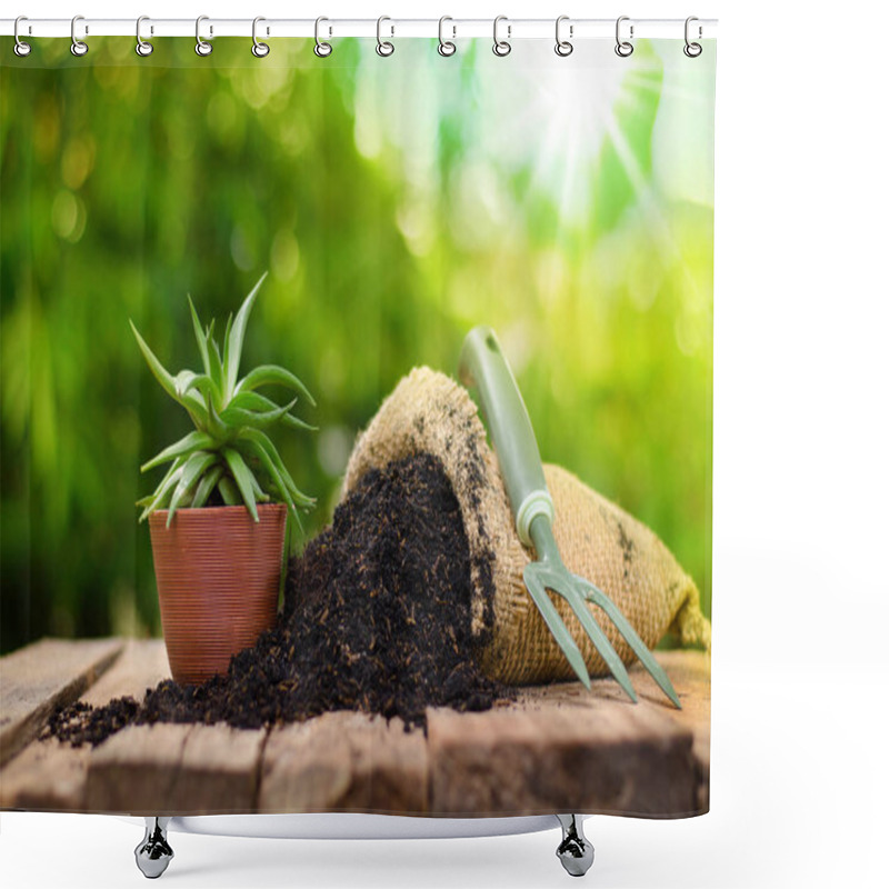 Personality  Cactus On Plant Pot With Fertilizer Bag  Over Green Background Shower Curtains