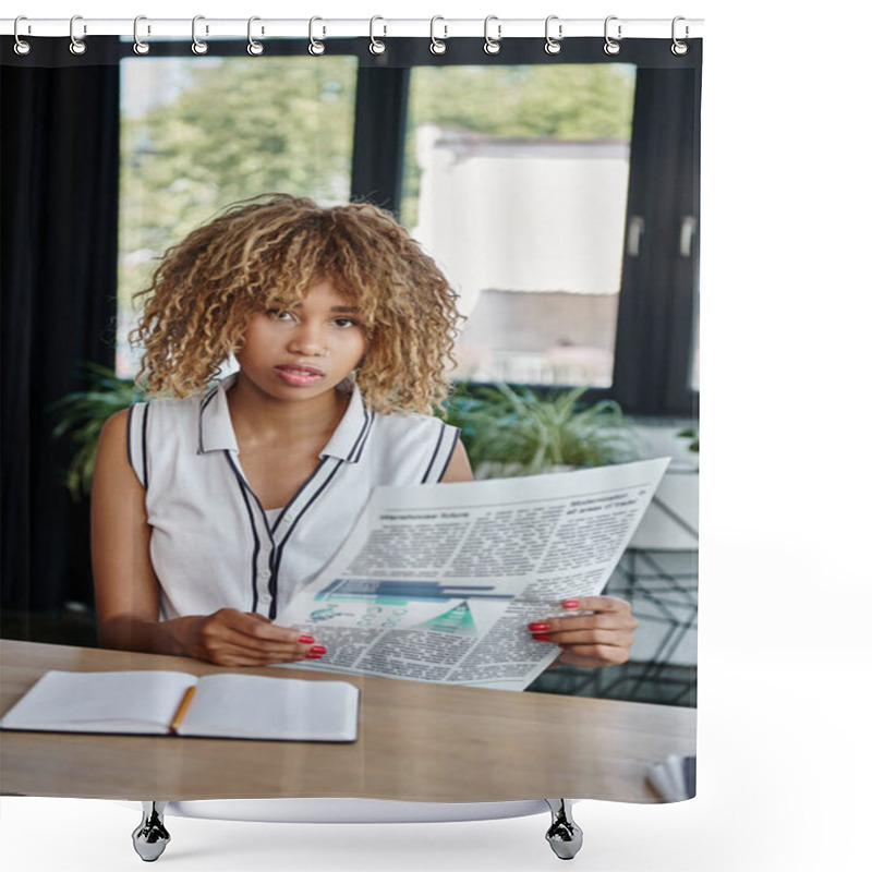 Personality  Curly African American Businesswoman Holding Newspaper And Sitting At Desk In Office, Profession Shower Curtains