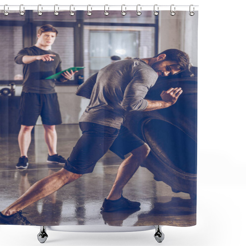 Personality  Man Pulling Tire In Gym Shower Curtains