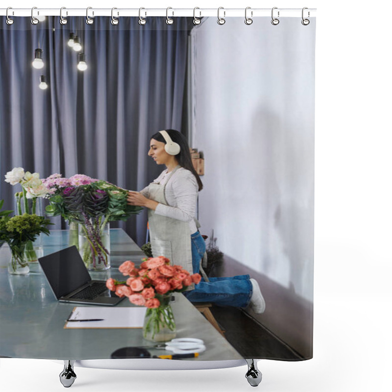 Personality  A Creative Florist Organizes Vibrant Blooms While Managing Her Small Business Tasks. Shower Curtains