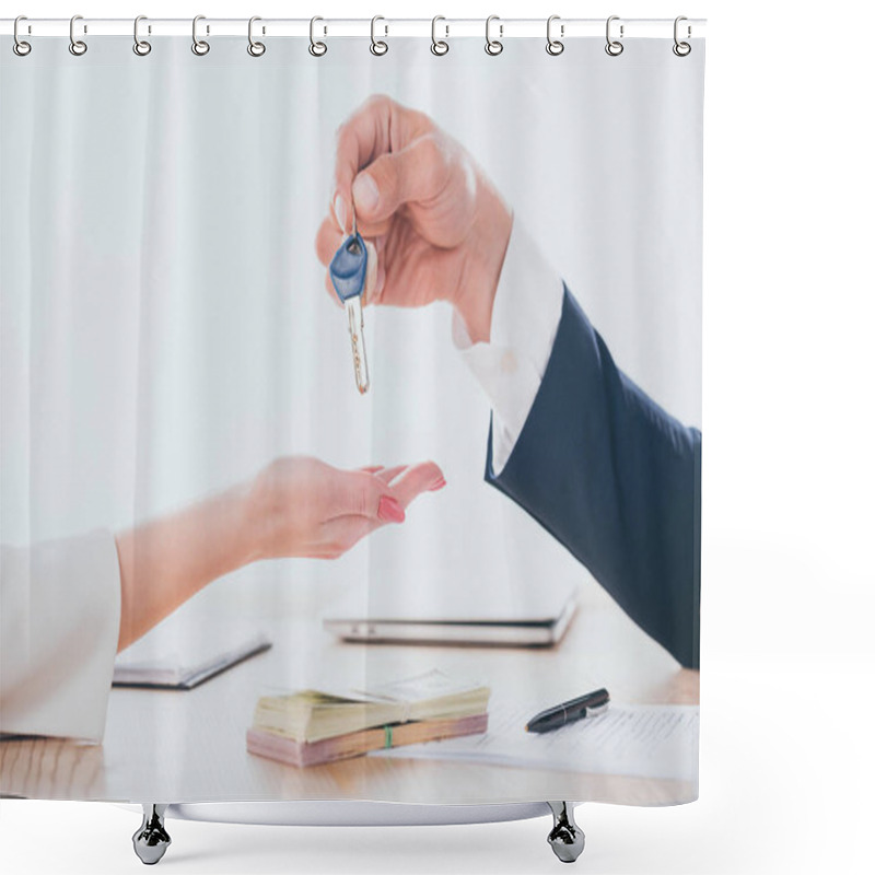 Personality  Cropped Shot Of Car Dealer Giving Car Keys To Client In Office Shower Curtains