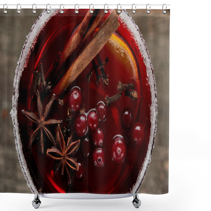 Personality  Top View Of Red Spiced Mulled Wine With Berries, Anise, Orange Slices And Cinnamon In Glass Decorated With Sugar Shower Curtains