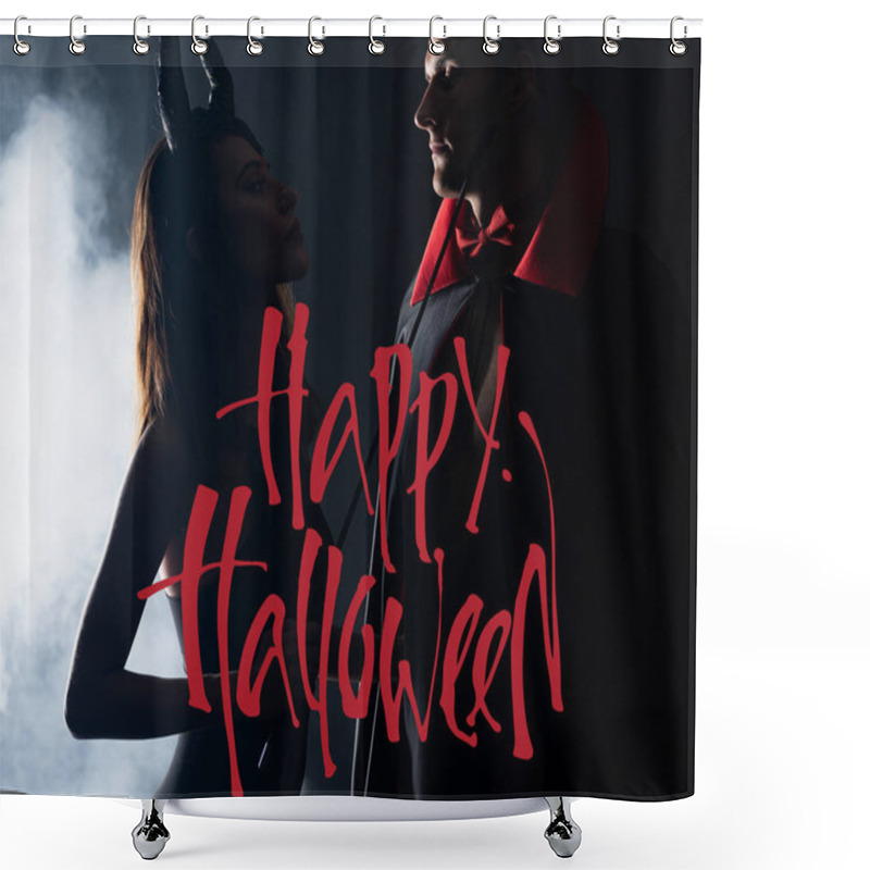 Personality  Handsome Man In Cloak Looking At Girl With Horns Holding Flogging Whip On Black Background With Smoke And Happy Halloween Illustration Shower Curtains