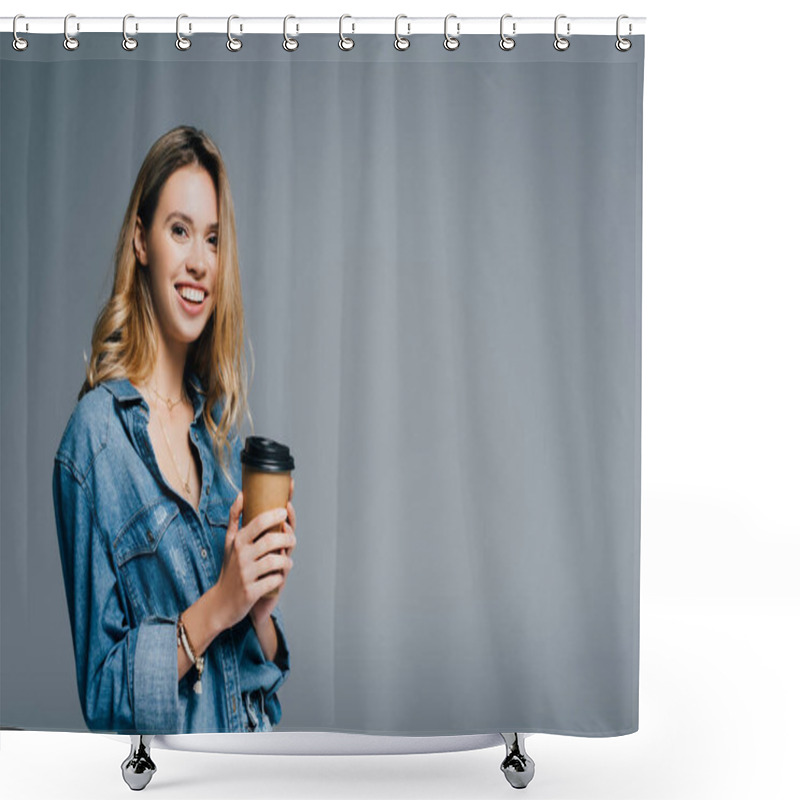 Personality  Cheerful Woman In Denim Shirt Holding Coffee To Go And Smiling At Camera Isolated On Grey Shower Curtains