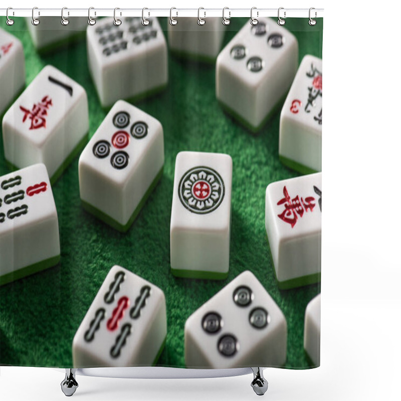 Personality  KYIV, UKRAINE - JANUARY 30, 2019: Selective Focus Of White Mahjong Game Tiles With Signs And Symbols On Green Velour Surface Shower Curtains