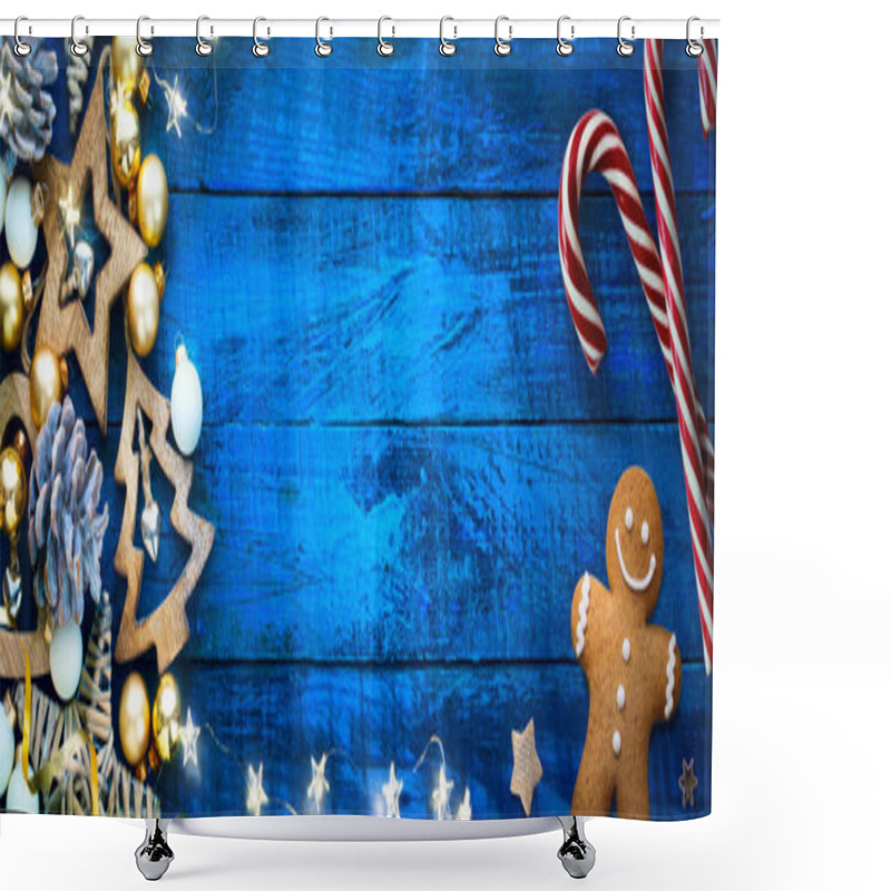 Personality  A Blue Christmas Banner Background With Hand-made Decoration Stars And  Christmas Tre Shower Curtains