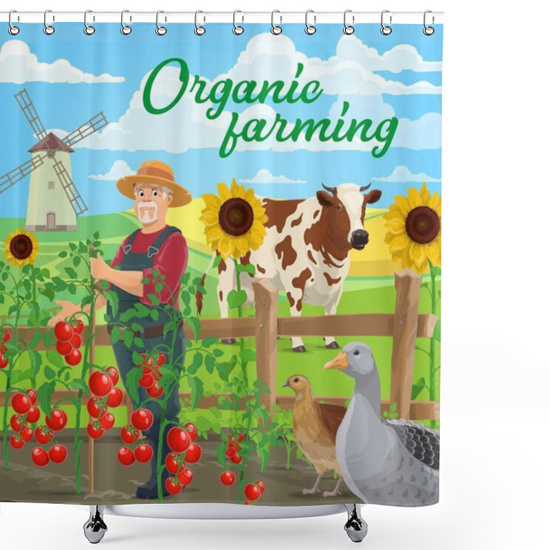 Personality  Organic Farming Food Products, Vector Agriculture. Farmer At Vegetable And Animal Farm, Field And Garden With Cow, Goose And Quill, Windmill, Tomatoes And Sunflowers Near Fence, Ecological Gardening Shower Curtains