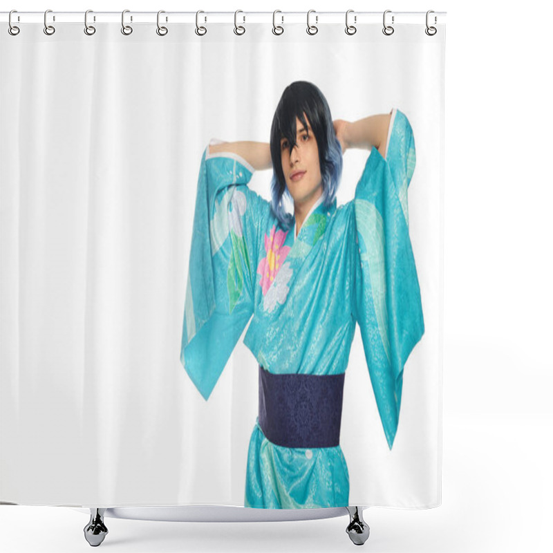 Personality  Young Man In Blue Kimono With Hands Behind Head Looking At Camera On White, Dreamy Cosplayer Shower Curtains