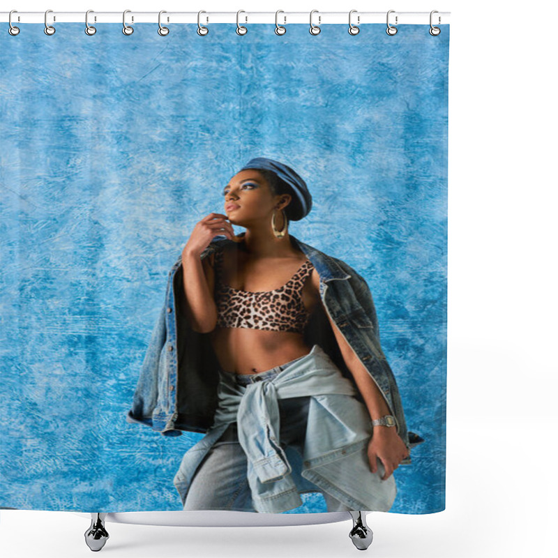 Personality  Fashionable African American Model In Beret And Golden Earrings Looking Away While Posing In Top With Animal Pattern And Denim Jacket On Blue Textured Background, Stylish Denim Attire Shower Curtains